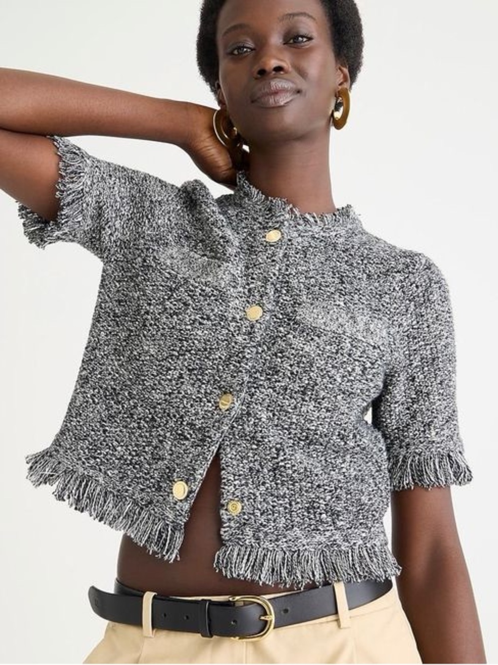 J. Crew cropped fringe-trim lady jacket in black marled yarn